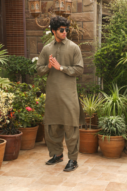 Olive Green Self Fabric Shalwar Kameez-OGS(SK)001