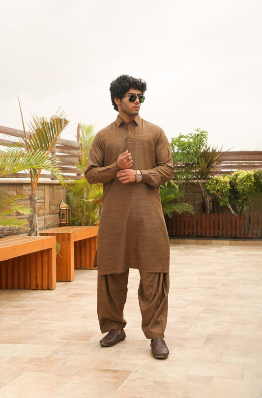 Golden Brown Self Fabric Shalwar Kameez-GBS(SK)001